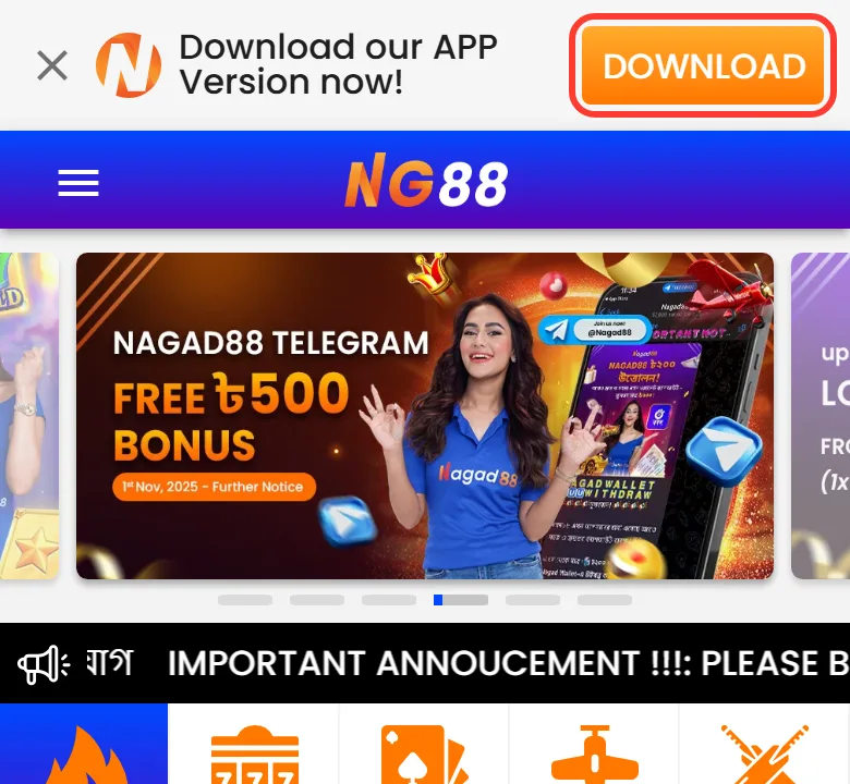 Nagad88 APK download banner on the mobile site with the DOWNLOAD button