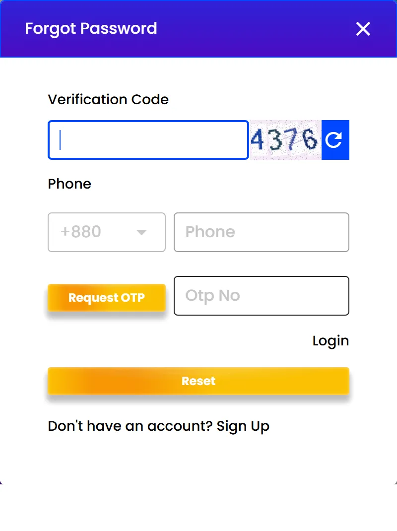 Nagad88 app login password reset by OTP form with +880 phone field